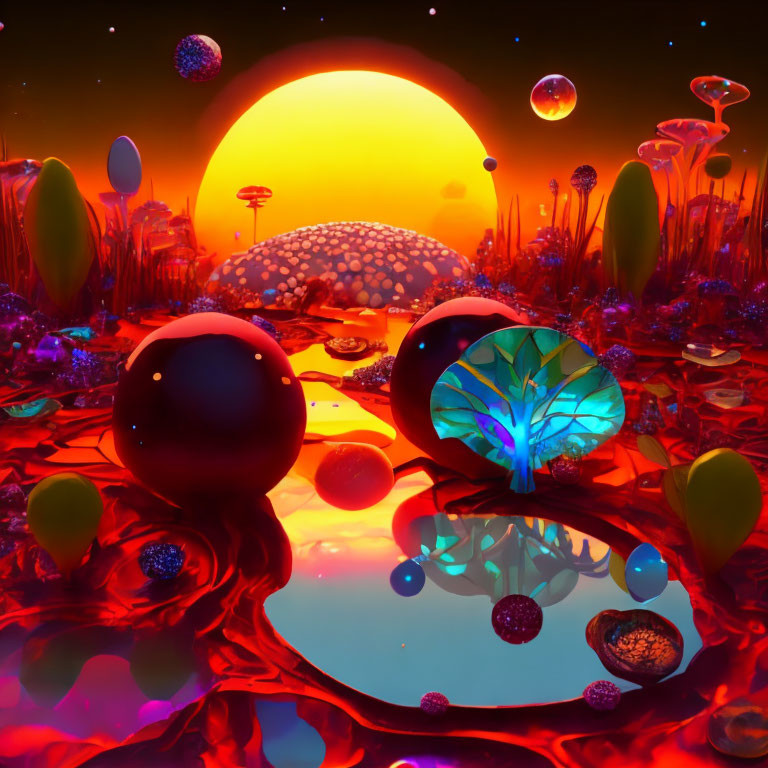 Surreal landscape with floating spheres and giant mushrooms