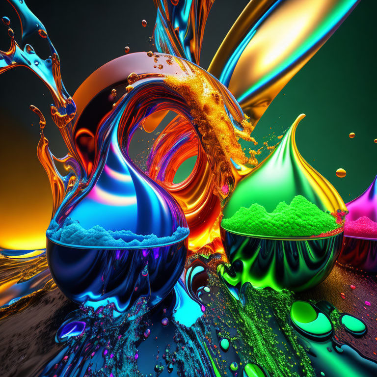 Colorful Abstract Liquid Shapes in Blue, Gold, Green, and Pink