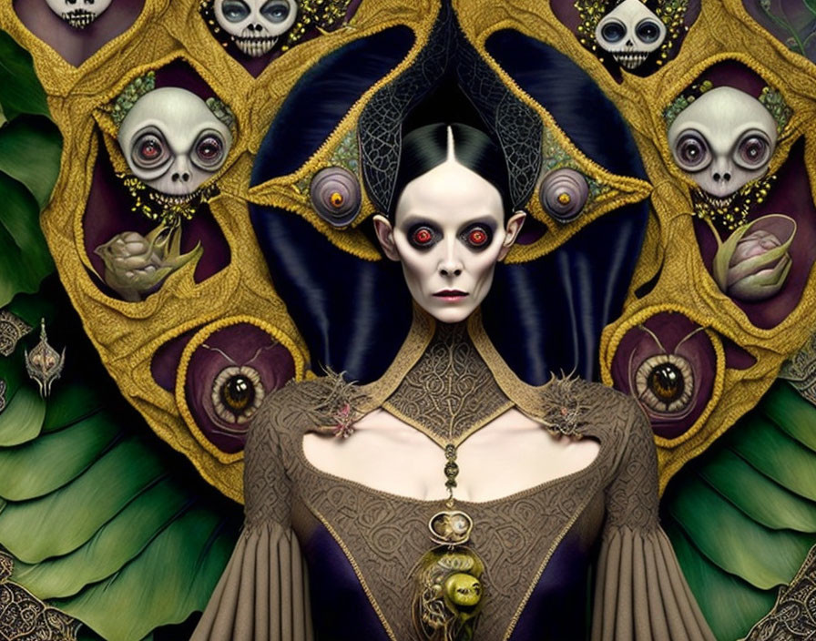 Surreal portrait of pale woman with red eyes and gothic fantasy theme.