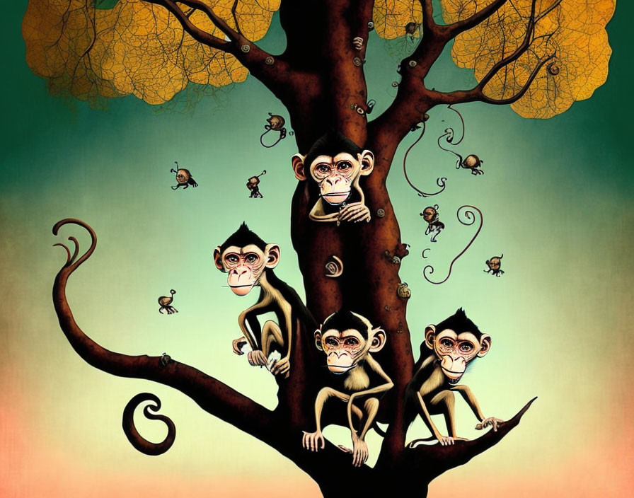 Monkeys in tree with autumn leaves against teal sky