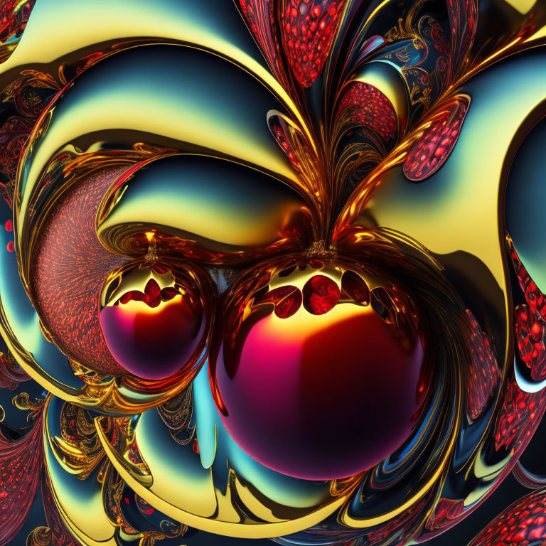 Colorful Abstract Fractal Art: Swirling Patterns, Glossy Orbs, Gold, Blue,