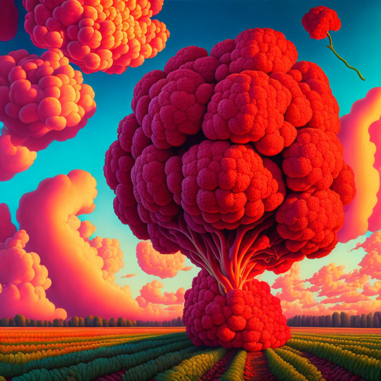 Surreal landscape with oversized raspberry tree and colorful fields