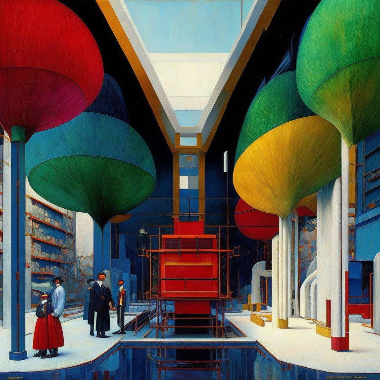 Modern building interior with large colorful umbrella-like structures and people, showcasing architectural details.