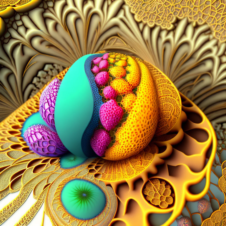 Colorful 3D fractal art with central sphere in blue, purple, and yellow