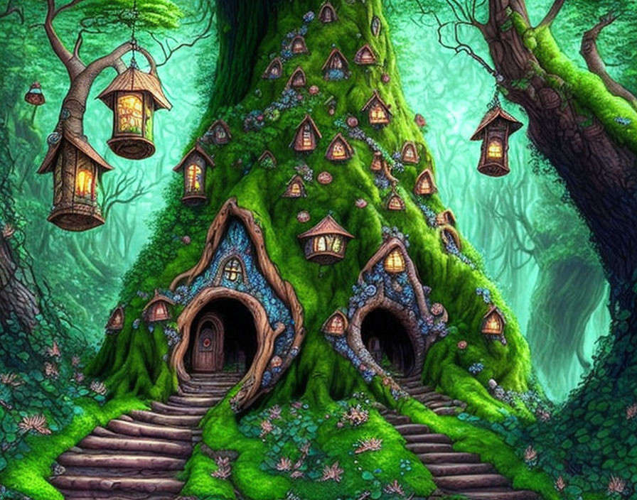 Whimsical treehouse illustration with lanterns, moss-covered doorway, stone steps, and tiny windows