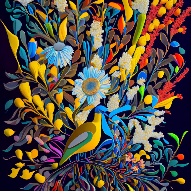 Colorful Digital Artwork: Stylized Peacock with Abstract Flowers