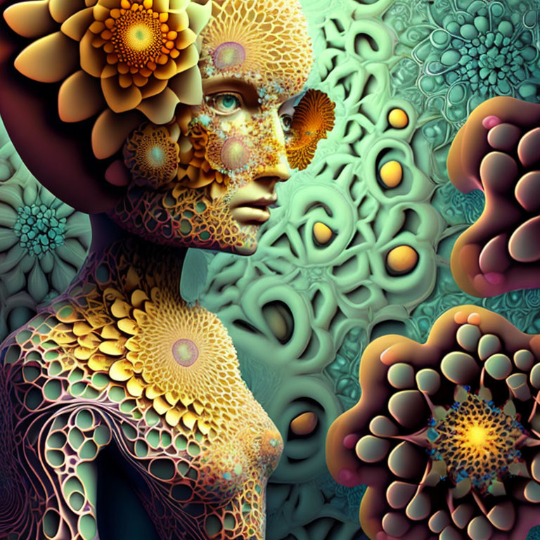 Fractal-patterned humanoid figure with floral textures on intricate background.