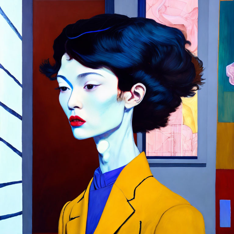 Stylized portrait of woman with bob haircut and red lipstick in yellow blazer on vibrant geometric backdrop