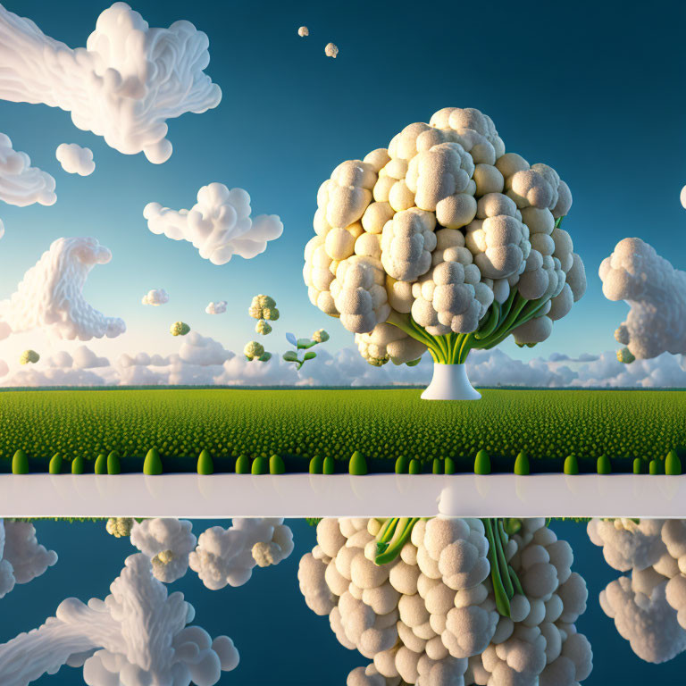 Surreal landscape featuring giant cauliflower tree and mirrored clouds