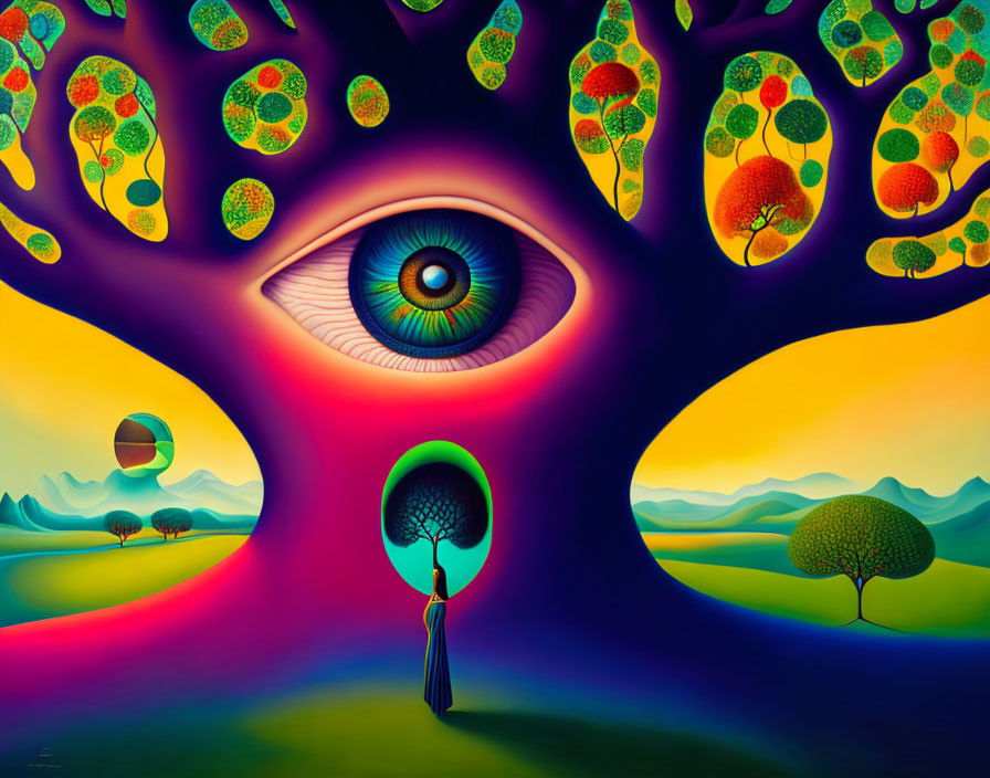 Surreal landscape with eye tree, colorful trees, and rolling hills