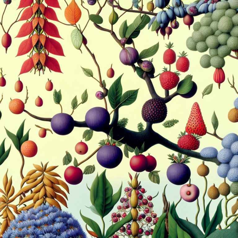 Colorful Stylized Fruits and Plants Illustration on Branch