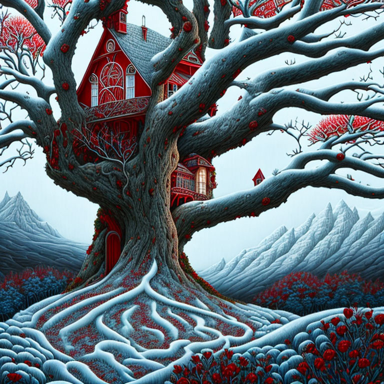 Red house in tree, snowy landscape & mountains