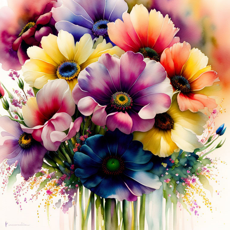 Colorful Watercolor Effect Stylized Flower Bouquet