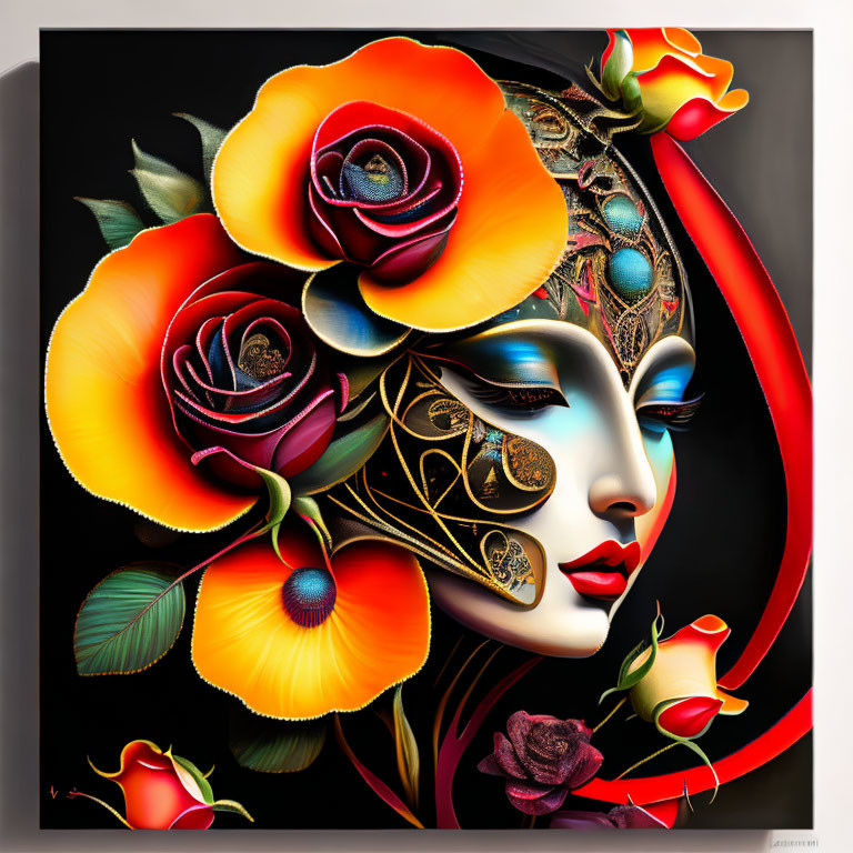 Colorful artwork of a stylized woman's face with intricate decorations and vibrant floral motifs