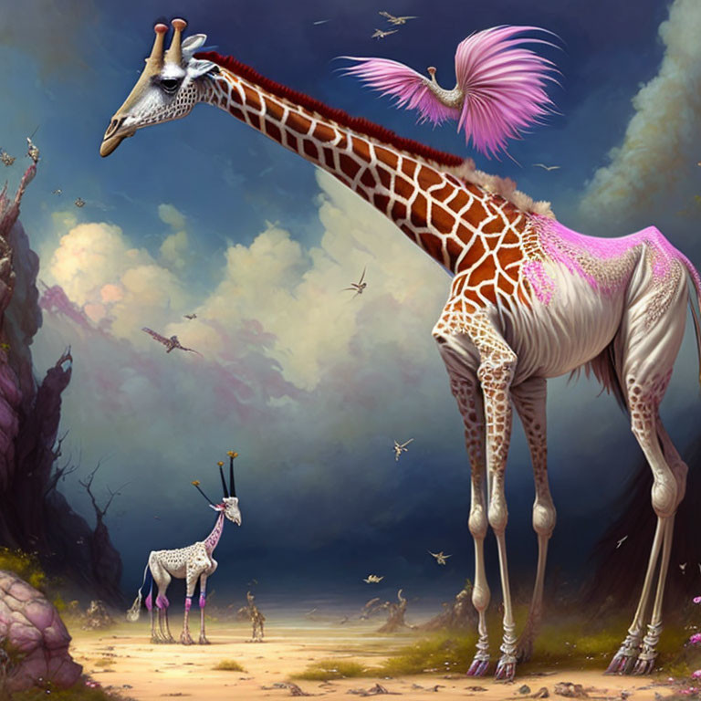 Surreal illustration: Giraffes with winged heads in dreamy landscape