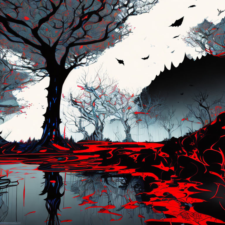 Red and Black Landscape with Trees, Birds, and Water Reflections