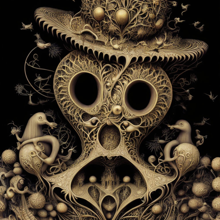 Intricate skull illustration with floral motifs and whimsical creatures on dark background