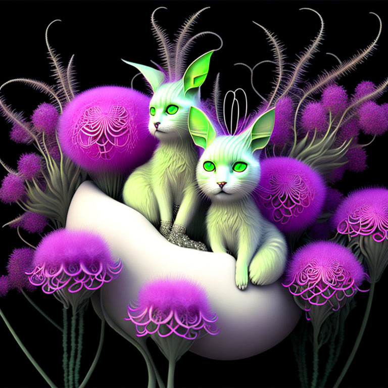 Neon green fantasy cats in purple floral setting