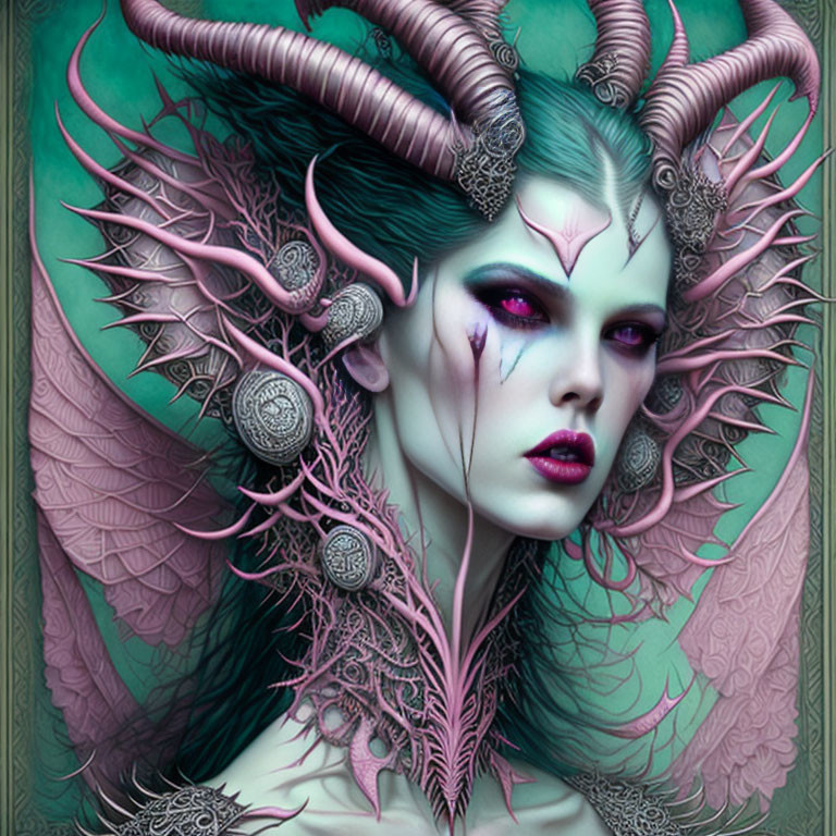 Fantasy illustration of a green-skinned woman with ornate horns and feather-like neck embellishments.