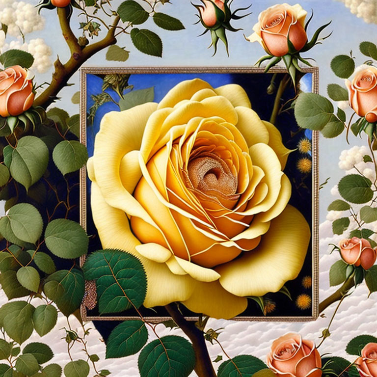 Surrealist painting of large yellow rose in frame with smaller roses on cloudy sky