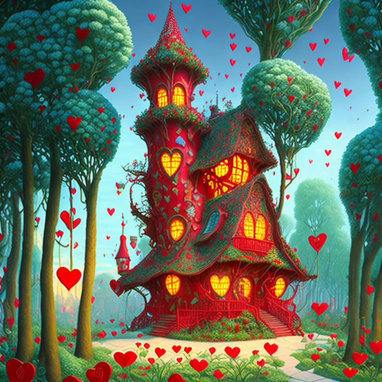 Fantasy Treehouse with Heart Motifs in Lush Greenery