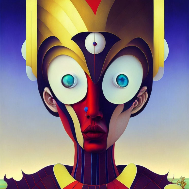 Colorful surreal portrait of stylized humanoid with exaggerated facial features