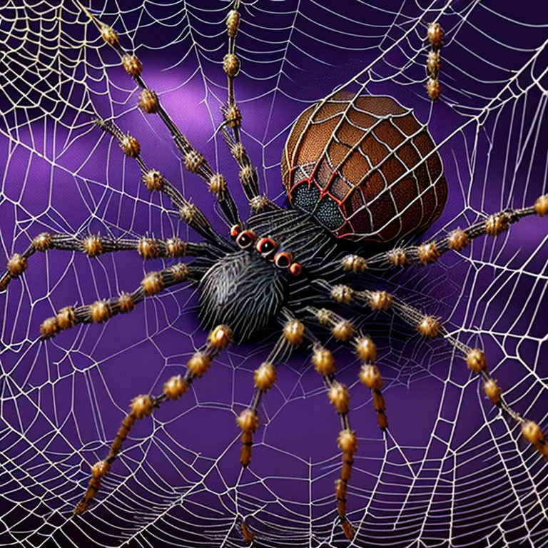 Detailed 3D Spider Illustration on Web with Dewdrops - Purple Background