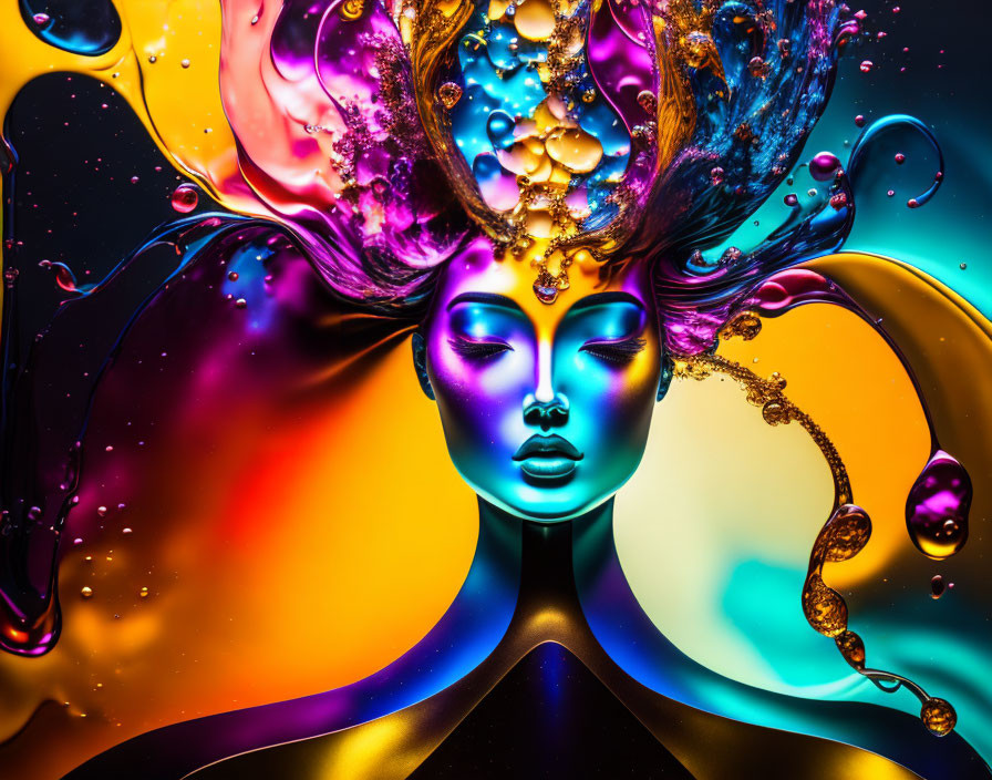 Colorful liquid splash crown on serene female figure.