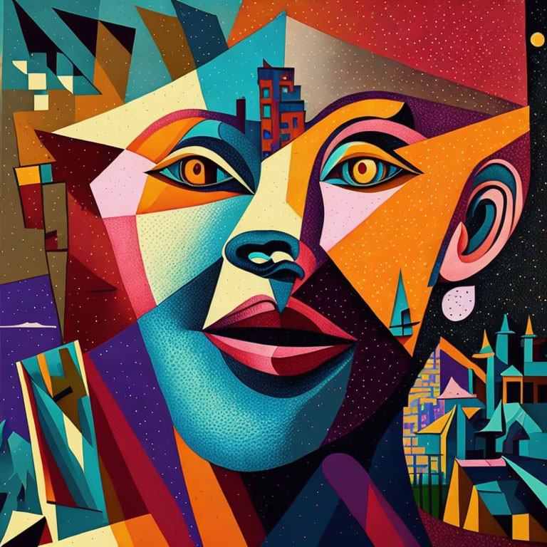 Vibrant Cubist Face Art with Geometric Urban Patterns