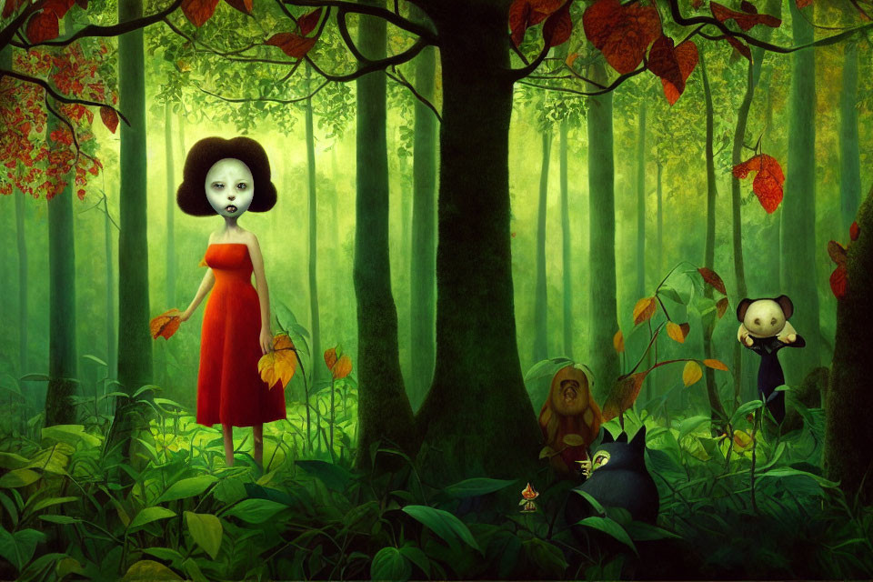 Cartoon girl in red dress in magical forest with stylized animals