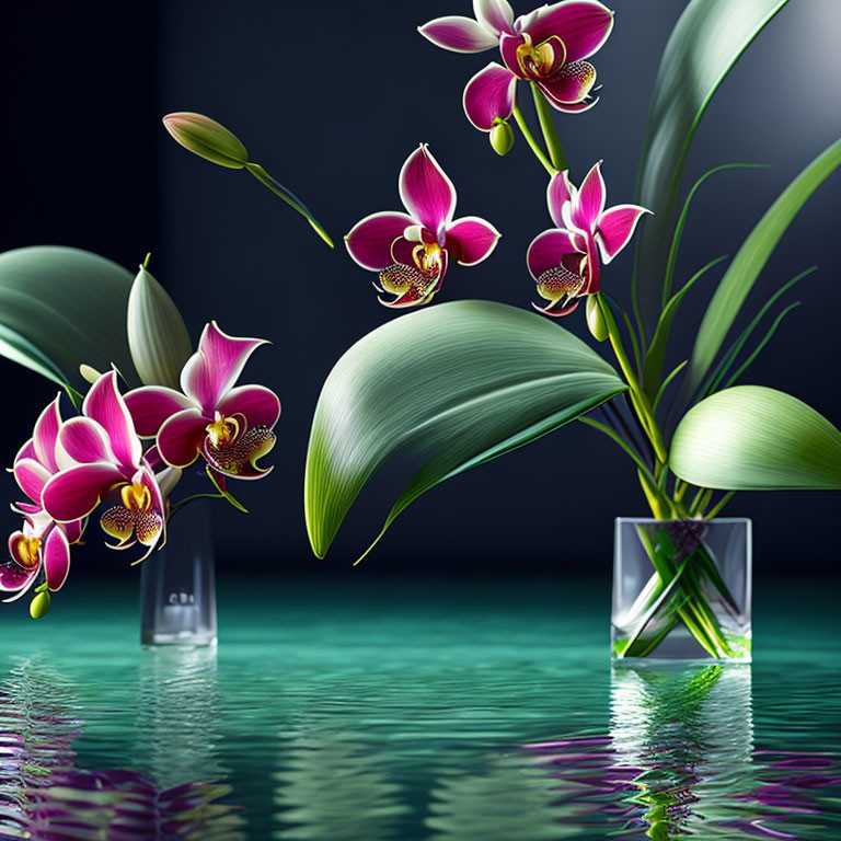 Purple Orchids in Glass Vases Reflected on Water Surface