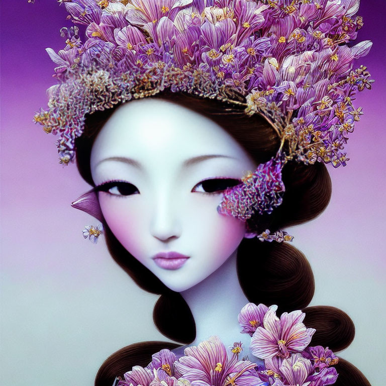 Digital artwork: Female figure with porcelain skin and purple floral crown.