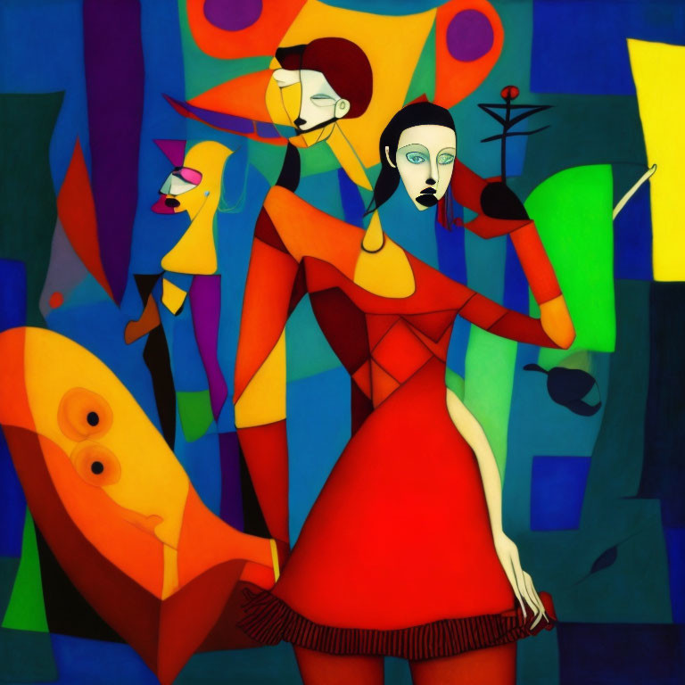 Vibrant abstract painting with red figure and surreal geometric background