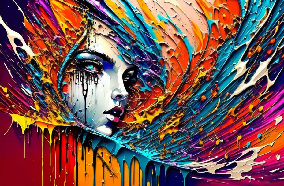 Colorful digital artwork of woman's face with abstract paint splashes & dynamic streaks