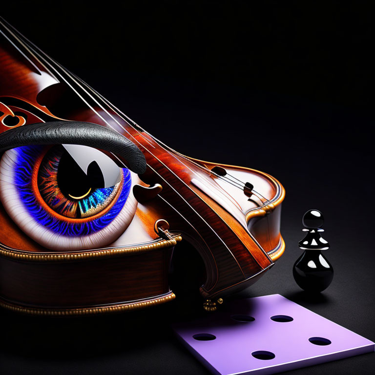 Violin with eye design, black pawn chess piece, purple dice on dark background