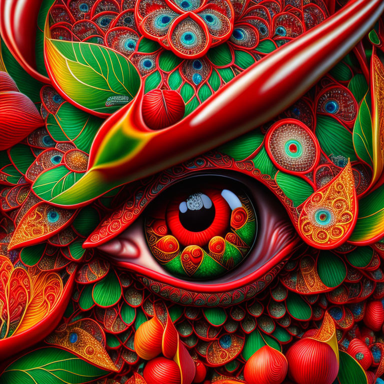 Colorful digital artwork: Detailed eye with feather and flora patterns