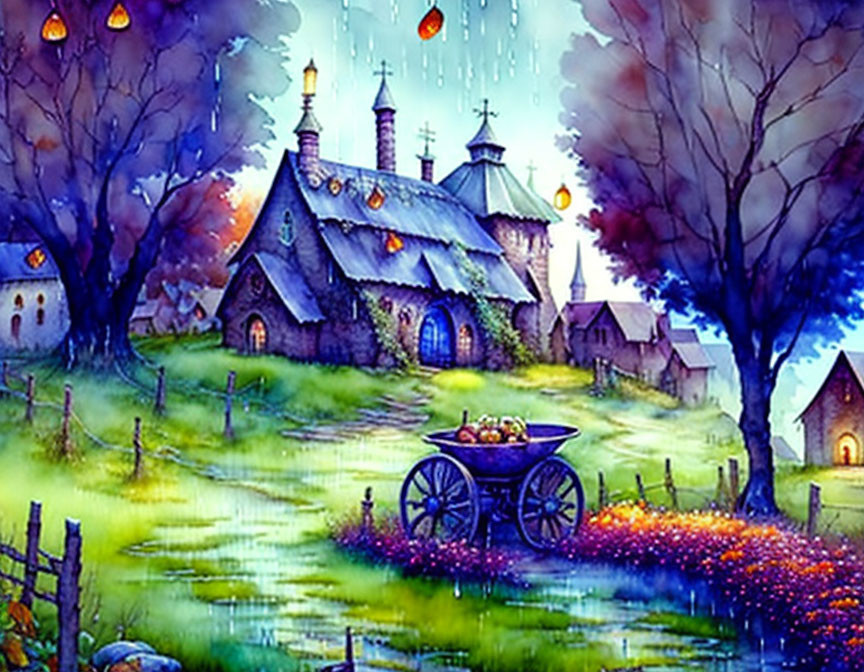 Colorful Watercolor Painting of Whimsical Village at Twilight