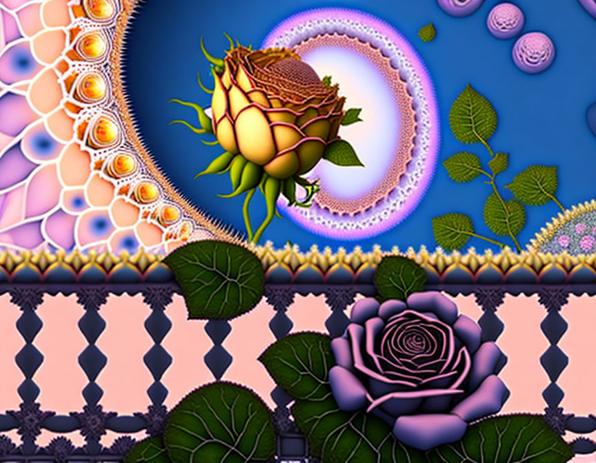 Stylized roses with fractal patterns and vibrant colors