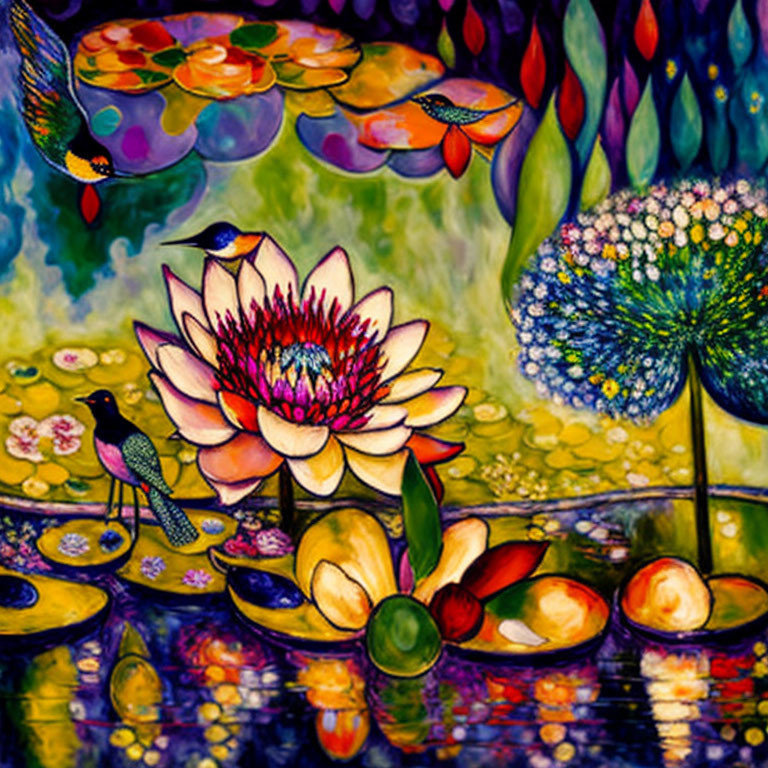 Colorful Lotus Flower Painting with Lily Pads and Birds