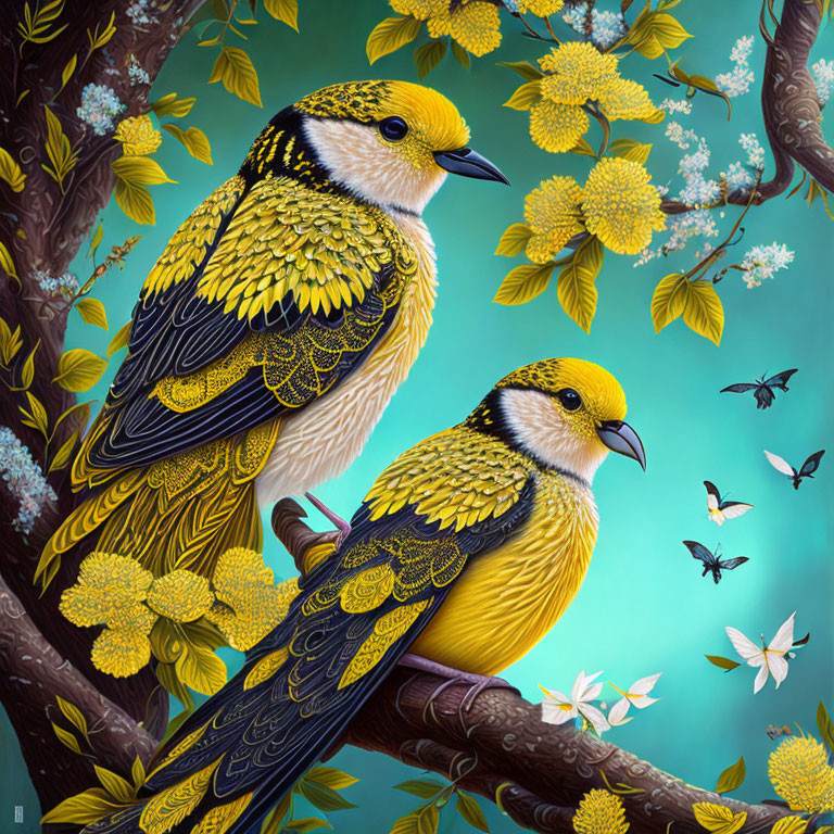 Vibrant yellow and black birds on blooming flower branches with butterflies.