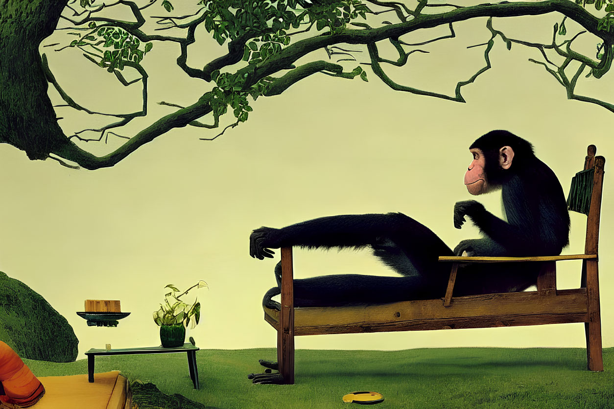 Monkey on wooden bench under tree with plant and frisbee in surreal scene