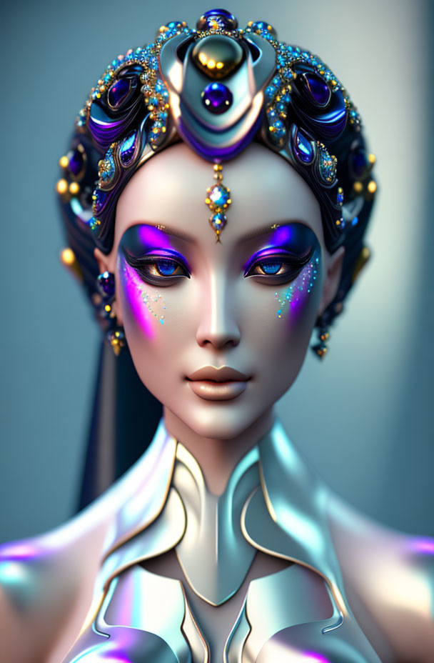 Female digital portrait: ornate gold headpiece, purple makeup, white futuristic outfit