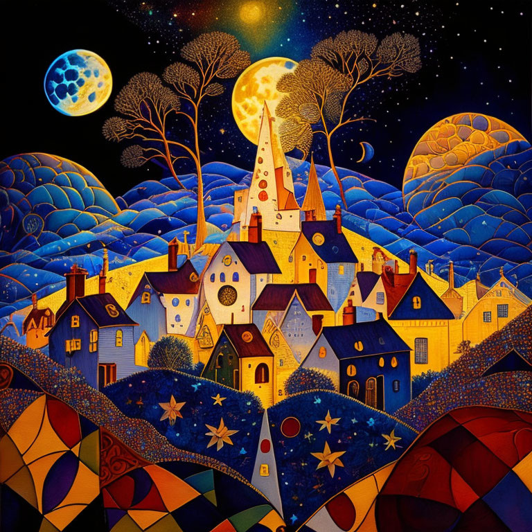 Vibrant village painting under dual-moon sky in cool and warm colors