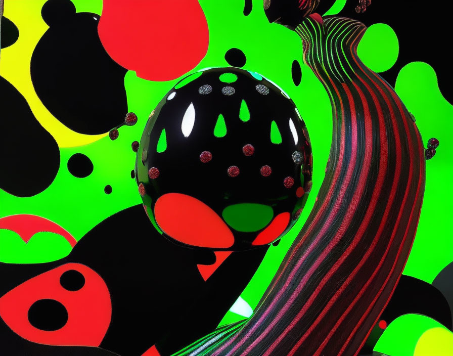 Black sphere with red dots in green and black abstract background.