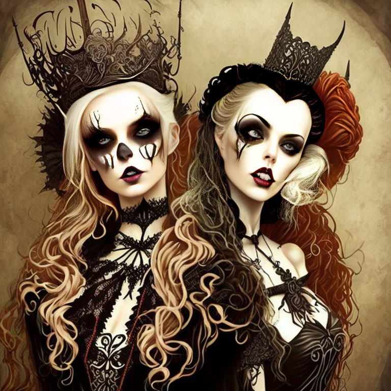 Two women in gothic makeup and attire with dark crowns and victorian-style dresses on sepia