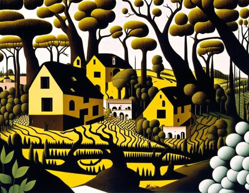 Yellow and Black Stylized Landscape Painting with Trees, Houses, and Fields