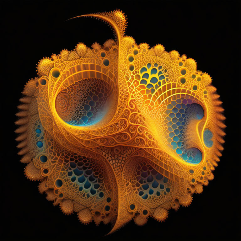 Intricate Yellow and Orange Fractal Patterns on Black Background