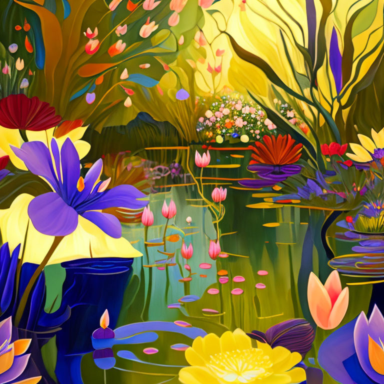 Colorful Garden Painting with Flowers, Pond, and Vibrant Palette