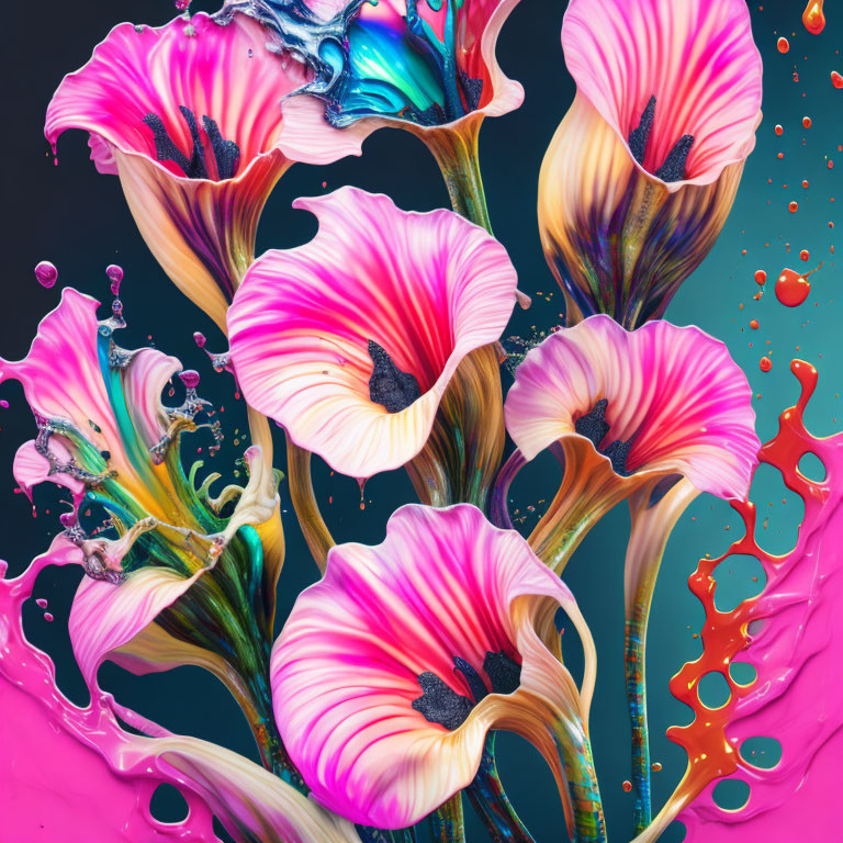 Colorful Stylized Flower Artwork with Pink and White Petals on Teal Background