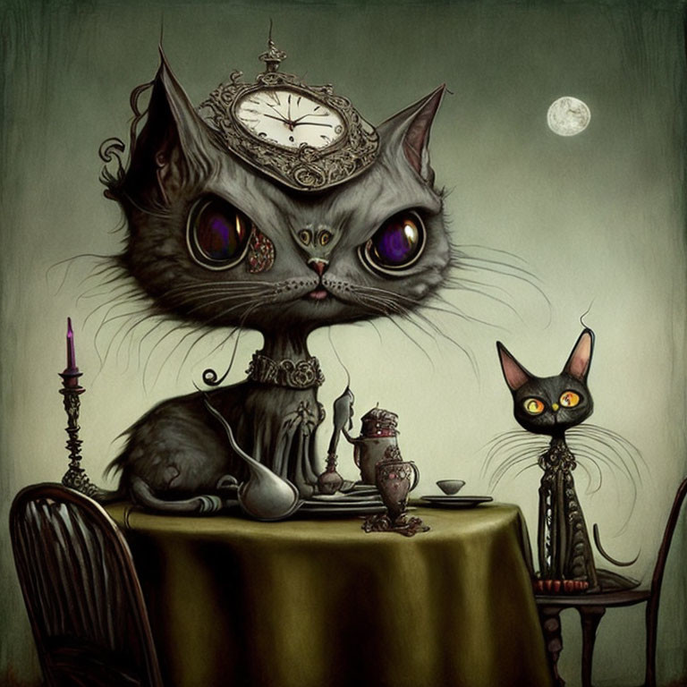 Stylized gothic cats at table with clock hat and large eyes